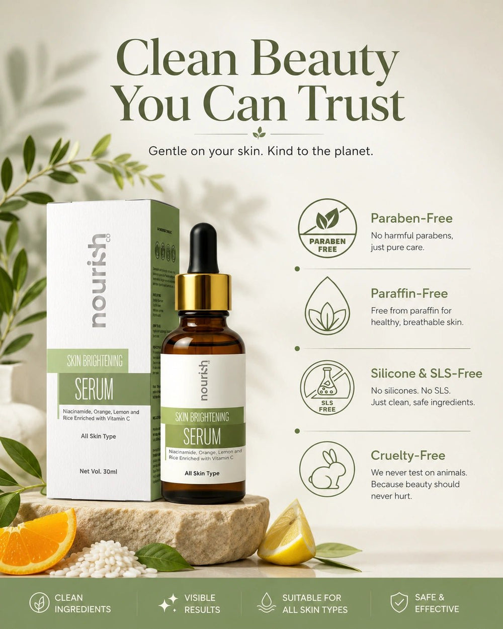 Skin Brightening Face Serum with Niacinamide, Orange, Lemon and Rice Enriched with Vitamin C – 30 ml - nourish co